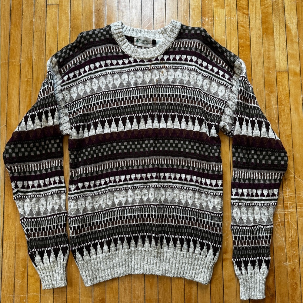 VTG Northwest Territory Green Maroon Geo Print Knit Pullover Sweater Sz. L